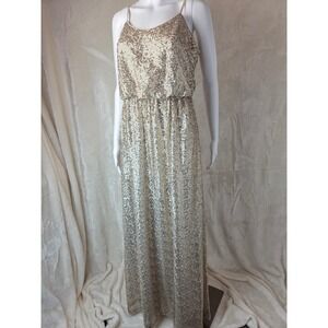 Davids Bridal Sequin Maxi Dress Gold Spaghetti Strap Formal Evening Gown Size 10